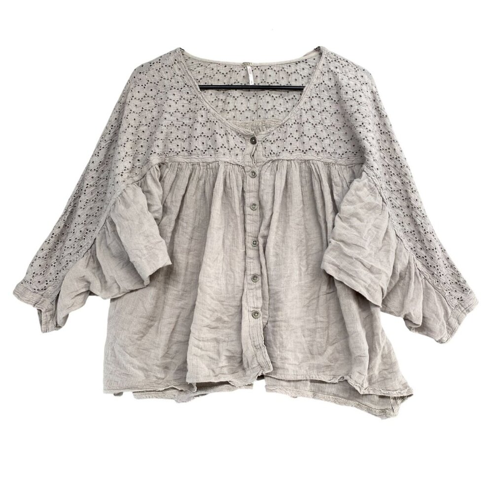 Free People Gray Eyelet Peasant Blouse Women's XS